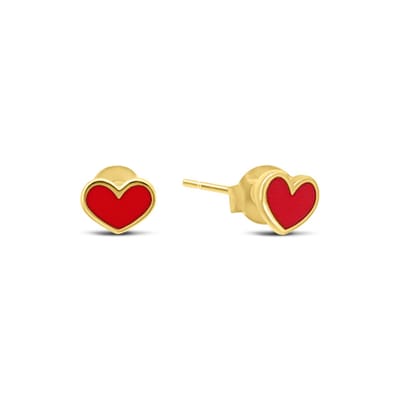 New Bling 9NBSAM-G230256 Gouden Oorknopjes Hartje - 4,3x5,8mm - Emaille - Rood - 14 Karaat - Goud