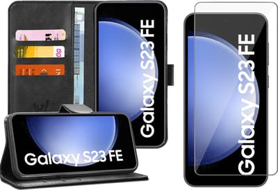 Hoesje geschikt voor Samsung Galaxy S23 FE - Screenprotector Glas - Portemonnee Book Case Zwart