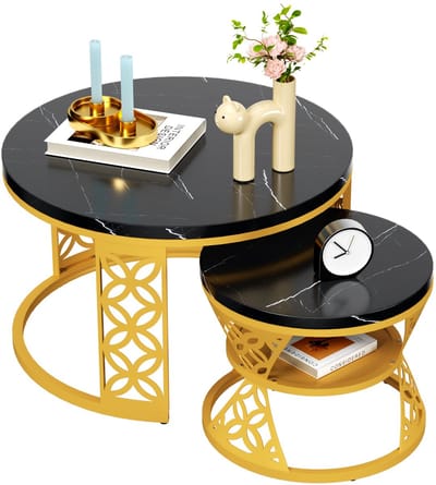Wishdor Ronde Salontafel Set van 2 (Nesttafels) - Ø70 & Ø45 cm - Zwart Marmerlook met Goud Frame - Hotel Chique