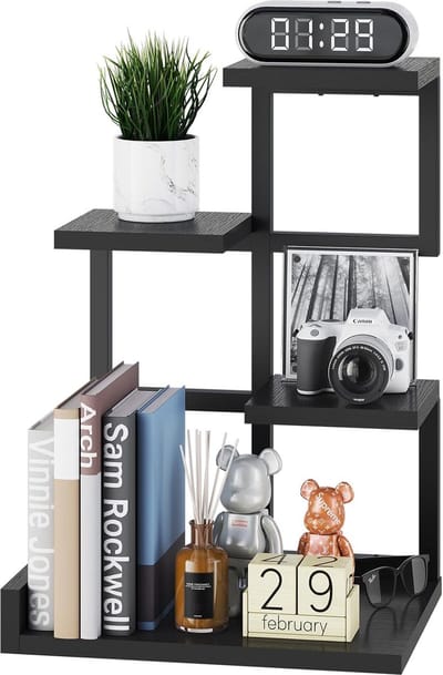 Houten bureauplank, 4-laags opbergrek, bureauplankorganizer, kleine boekenkast met metalen frame voor boeken, planten, 31 x 24 x 44,5 cm, zwart