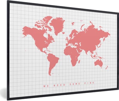 Poster in lijst - Fotolijst 120x80 cm - Posters - Wereldkaart - Roze - Quote - Kinderen - Jongens - Meisjes - Posterlijst zwart - Decoratie - Wanddecoratie woonkamer - Muurdecoratie slaapkamer