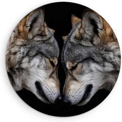 Saammp Muurcirkel Hout - 2 Wolfen - Dieren - Natuur - Ø 90 - Wandcirkel - Wanddecoratie Cirkel - muurdecoratie Woonkamer - Slaapkamer decoratie - Rond Schilderij