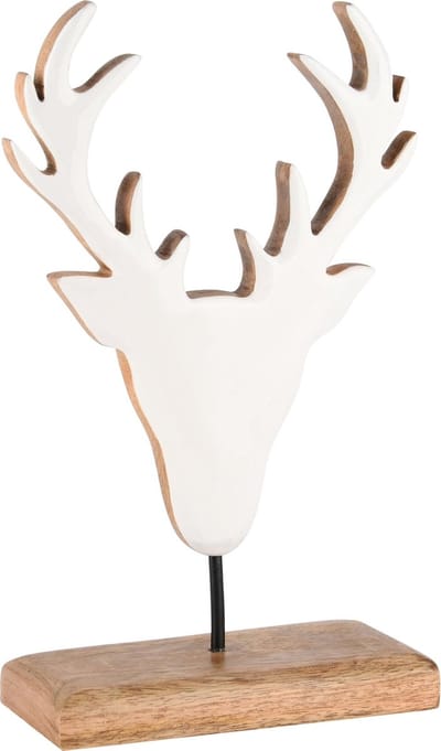 Dekoratief | Deco hertenkop op voet, wit/naturel, hout, 19x7x25cm | A248401