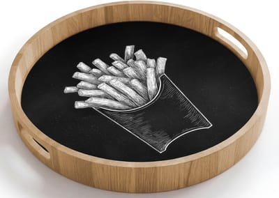Dienblad rond 40x40 cm - Schootdienblad hout - Friet - Witte krijttekening - Zwart - Borrelplank rechthoek - Plateau houten dienbladen