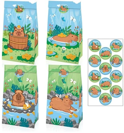 Dailygoods- Geschenktassen 12 stuks - Papieren Zakjes - Herbruikbaar - Milieuvriendelijk - Capybara Thema - Perfect voor Feestdecoratie - Cadeauzakjes