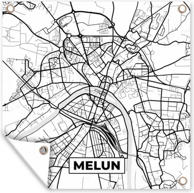 Tuin poster Kaart – Melun - Stadskaart – Frankrijk – Plattegrond - Zwart wit - 200x200 cm - Tuindoek