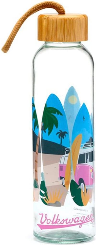Drinkfles Glas - Volkswagen Busje Waves - VW T1 - Roze&Blauw - 500ml - 22.5x6x6cm