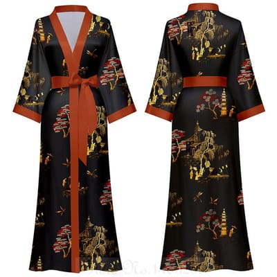 Print in Chinese stijl Dames Lange Robe Nachthemd Retro Satijnen Nachtkleding Nachthemd Halve Mouw Kimono Badjas Gewaad Losse Huiskleding One size