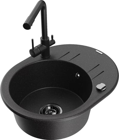 Mexen Kevin granieten spoelbak 1 kamer met afdruiprek en keukenmengkraan Duero, zwart/zilver metallic - 6517-73-671600-70-B