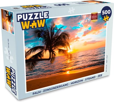 Puzzel Palm - Zonsondergang - Horizon - Strand - Zee - Tropisch - Legpuzzel - Puzzel 1000 stukjes volwassenen