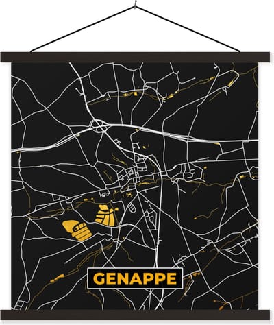 Posterhanger incl. Poster 60x60 cm - Schoolplaat - Genappe - Kaart - Plattegrond - Goud - Stadskaart - Textielposter - Zwarte latten - Stadskaart