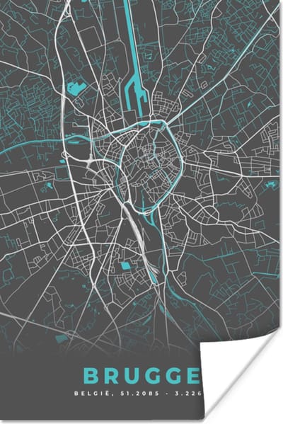Poster Stadskaart – Grijs - Kaart – Brugge – België – Plattegrond - 120x180 cm XXL