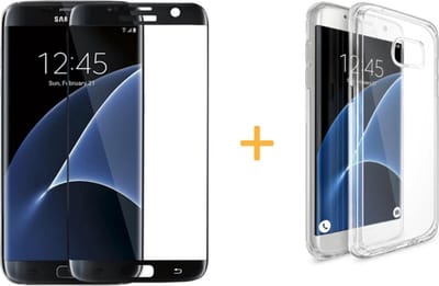 Hoesje geschikt voor Samsung Galaxy S7 Edge - Siliconen Transparant TPU Gel Case Cover + Met Tempered Glass Screenprotector Zwart / Black 3D 9H (Gehard Glas) - 360 graden protectie