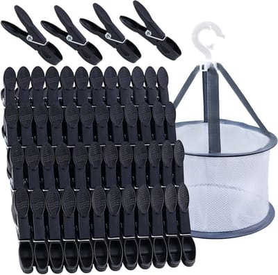 48 Stuks Zwarte Wasknijpers met Mand, Winddichte Kleurrijke Wasknijpers, Plastic Wasknijpers voor Kleding en Sokken