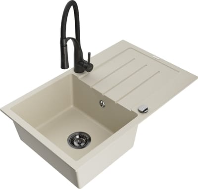 Mexen Bruno granieten gootsteen 1-baks met afdruiprek en keukenmengkraan Aster, beige - 6513-69-73450-70-B