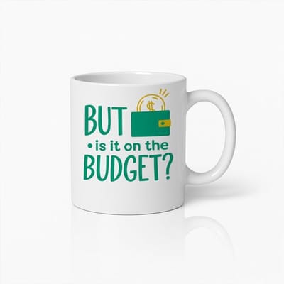 Grappige “Staat Het In Het Budget?” Witte Mok 330 ml – Finance & Kantoor Humor Koffiemok – Perfect Cadeau voor Accountants & Collega’s