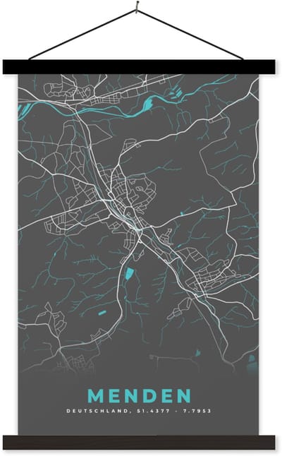 Posterhanger incl. Poster 60x90 cm - Schoolplaat - Duitsland – Blauw – Menden – Stadskaart – Kaart – Plattegrond - Textielposter - Zwarte latten - Stadskaart