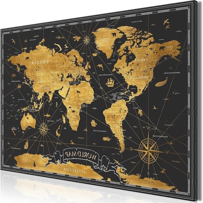 Schilderij Wereldkaart Canvas - Wanddecoratie Kaart - Woonkamer Decoreren - Volledige HD Kwaliteit Print - 120x80 cm - Zwart Goud