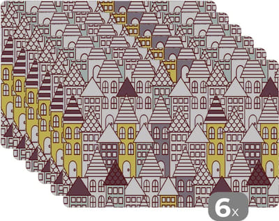 Placemat - Placemats kunststof - Patronen - Huis - Skyline - 45x30 cm - 6 stuks - Hittebestendig - Anti-Slip - Onderlegger - Afneembaar
