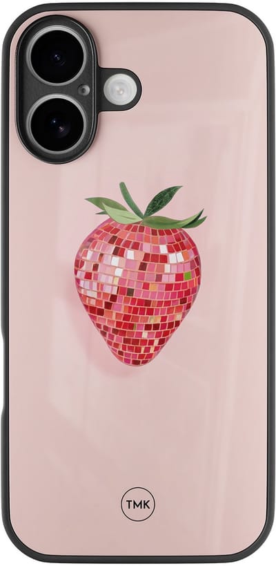 Hoesje geschikt voor Apple iPhone 16 - Disco aardbei - Roze - TPU luxe case (glossy toplaag) - Print - Hardcase backcover zwart