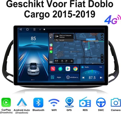 Junsun Android 15 Autoradio Geschikt Voor Fiat Doblo Cargo 2015-2019 Accessoires, 4GB+64GB, Draadloze CarPlay & Andriod Auto, DAB+, GPS-navigatiesysteem, Bluetooth, Stuurwielbediening, WiFi, 13.1-inch Touchscreen, DSP, Octa-core processor