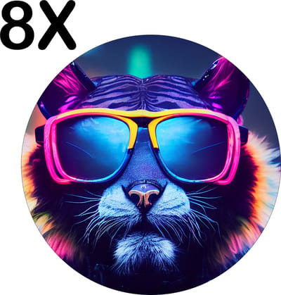 Luxe Ronde Placemat - Kat - Poes met Zonnebril in Neon Kleuren - Set van 8 Placemats - 50x50 cm - 2 mm dik Vinyl - Anti Slip - Afneembaar