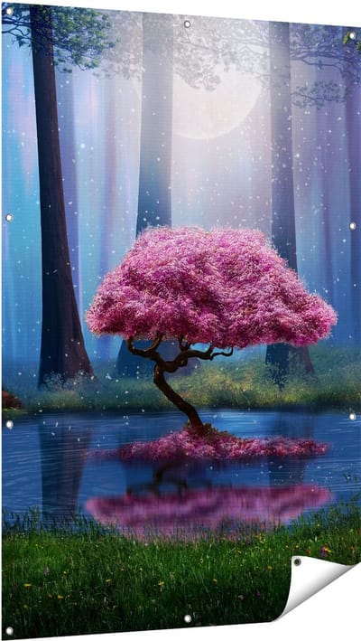 Gards Tuinposter Roze Boom op een Vijver in de Nacht - 100x150 cm - Tuindoek - Tuindecoratie - Wanddecoratie buiten - Tuinschilderij