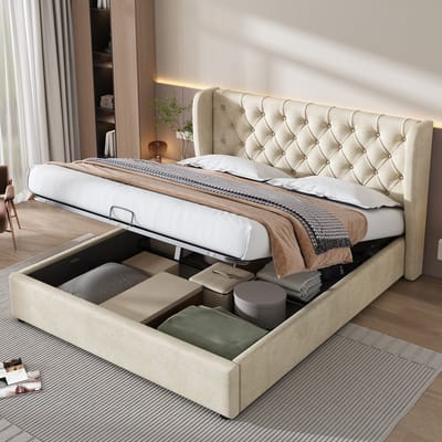 DESMIU Gestoffeerd Bed 180x200 cm – Chesterfield Hoofdbord Met Oren – Hydraulische Opbergruimte – Zonder Matras – Voor Slaapkamer – Fluweel – Beige