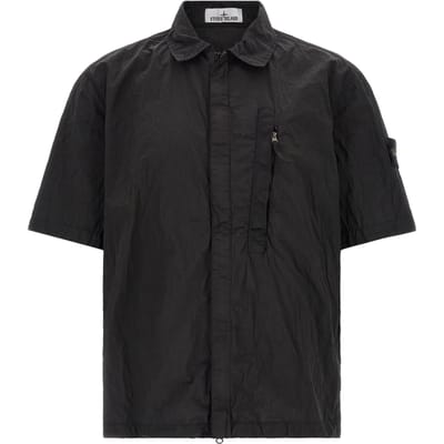 Stone Island Zomer 26 Metallic Nylon Badge Mouw Ritssluiting Korte Mouw Shirt Unisex shirts Zwart L1S151200028S0019V0029 L black