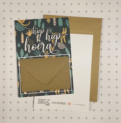 Geldkaart met mini Envelopje -> Felicitaties - No: 4-2 (Hiep Hiep Hoera - Groen met panters) - LeuksteKaartjes.nl by xMar