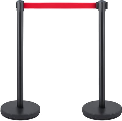 Crowd control barrier post set, 6-delig, 2m rode oprolbare riem, zwarte barrière met rubberen basis, eenvoudig aan te sluiten montage voor crowd control bij evenementen