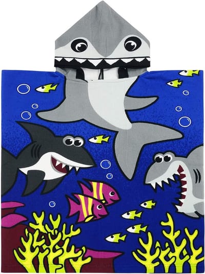 Badcape met capuchon voor kinderen, schattige cartoon poncho-handdoek voor jongens en meisjes, zacht en absorberend (Blauwe Haai)