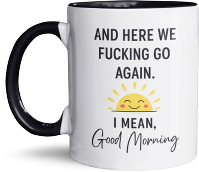 NietMokken.nl - Grappige Mok met Gratis Viltje – Here We Fucking Go Again Mok – 325 ml – Sarcastische Koffiemok – Cadeau voor Collega of Vriend – Vaatwasser- & Magnetronbestendig – Aan Beide Zijden Bedrukt