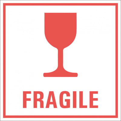 Fragile sticker met tekst, oranje wit 100 x 100 mm