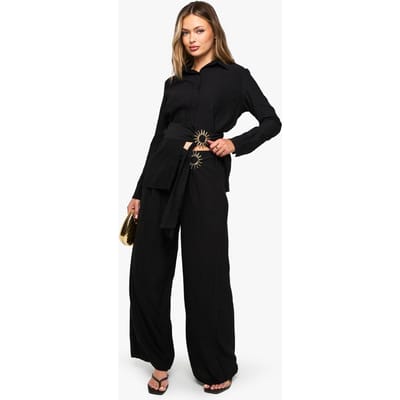 boohoo Dames Crinkle Crepe Gold Trim Wide Leg Trouser | Black | Maat: 6