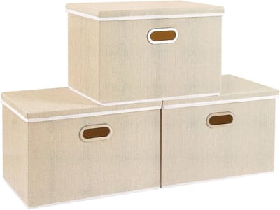 Famanu – Opbergdozen met Deksel - Opvouwbare Opbergdoos - Stoffen Dozen - Wasbaar - voor Slaapkamer - Kledingopbergvak - 45x30x30cm - Beige - 3-Pak