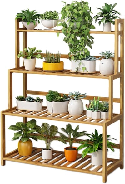 Plantenrek, bloemenstandaard, houten bloementrap, plantenstandaard, plantenrek, bloemenrek van bamboehout, bloemen, plantenrek, bloemenstandaard voor binnen en buiten (4 layers-80 lang)