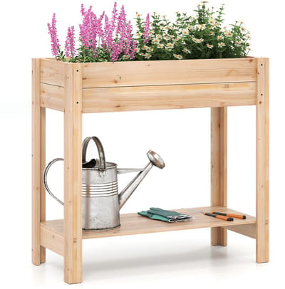 COSTWAY Verhoogd bloembed met plank, verhoogd tuinbed van hout, plantenbak met drainakken, groentebed, kruidenbed, groot, voor balkon, tuin, terras, 81 x 38 x 77 cm, naturel