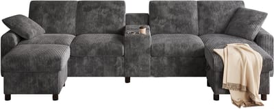 Wishdor - U-Bank - Met Opberghockers En Oplaadpunten - Modern - Voor Woonkamer - Ribstof - Grijs - 315 X 135 X 81 Cm