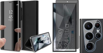 Hoesje geschikt voor Samsung Galaxy S24 Ultra - Privacy Screenprotector Volledig Dekkend Glas & Camera - Spiegel Book Case Zwart