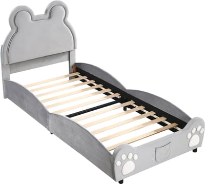 SINGULARITY-Gestoffeerd bed. Prachtig kinderbed- 90 x 200 cm- in de vorm van een beer. Eenpersoonsbed van huidvriendelijk velours- grijs. Matras niet inbegrepen.