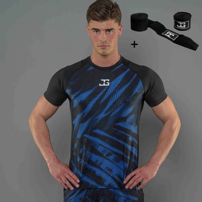Joyagear Elite MMA Shirt Blauw S – Ademend Sportshirt – Sneldrogend – Mesh Ventilatie – Inclusief Bandage