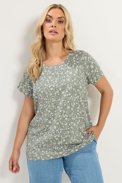 Yours Yourset 2Pack Tshirts Met Saliegroen En Roze Fijne Bloemenprintsize 42