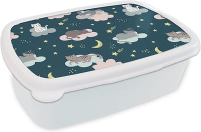 Broodtrommel Wit - Lunchbox - Brooddoos - Patronen - Kat - Maan - Jongens - Meisjes - Kinderen - Kind - 18x12x6 cm - Volwassenen