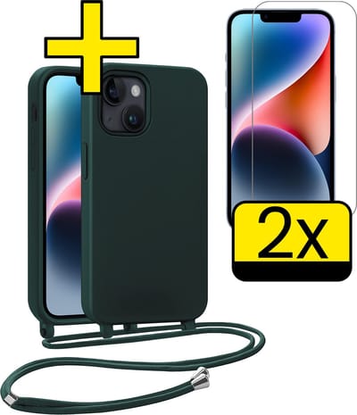 Hoesje Geschikt voor iPhone 13 Mini Hoesje Met Koord Met 2x Screenprotector Siliconen Case - Hoes Geschikt voor iPhone 13 Mini Backcover Met Afneembaar Koord - Donkergroen