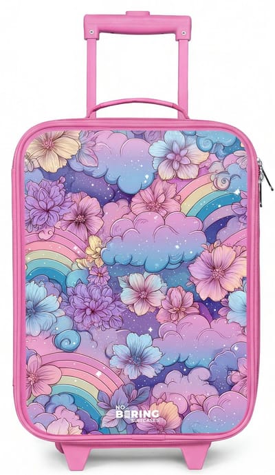 NoBoringSuitcases.com® - Kinderkoffer roze - Kindertrolley meisje - Illustratie van wolken, regenbogen en bloemen - Koffer kind lichtgewicht - Reiskoffer trolley voor kinderen - Koffertje met lichtgevende wieltjes - Rolkoffer