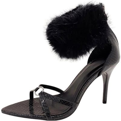 Nieuwe Mode Nepbont Enkelband Sandalen Dames Zwart Slangenprint Leer Puntige Neus Stripper Hakken Schoenen Sandalias Mujer 40 black