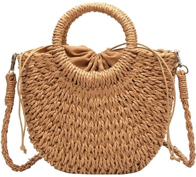 longziming -Strandtasche - Handtasche - Abneembare Schultergurt Für Flexible Trageoptionen - Handgeweven Stroh Met Rietaccenten - Halfrond En Elegant - Voor Strand, Pool En Zomerfeesten - 1 Stuk