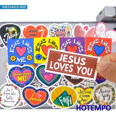50 stuks Retro Patroon God Hoop Jezus Houdt Van Mij Slogan Grappige Sticker Voor Telefoon Laptop Notitieboekjes Bagage Skateboard Fiets Auto Stickers blue