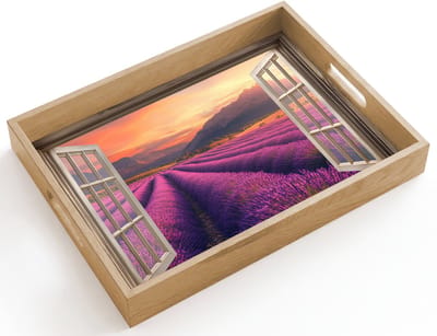 Dienblad hout 40x30 cm - Schootdienblad - Doorkijk - Lavendel - Landschap - Bloemen - Paars - Borrelplank rechthoek - Plateau dienbladen